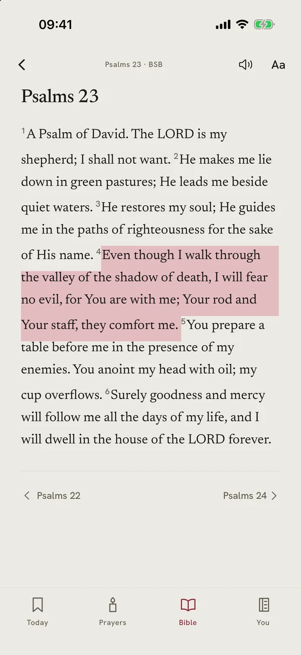 Psalm 23 in the Berean Standard Bible with verse 4 highlighted.