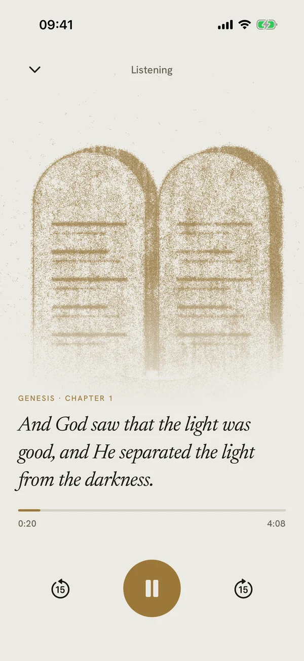 Upheld’s player reading Genesis 1 aloud, twenty seconds into four minutes, with the verse being read in large type: And God saw that the light was good.