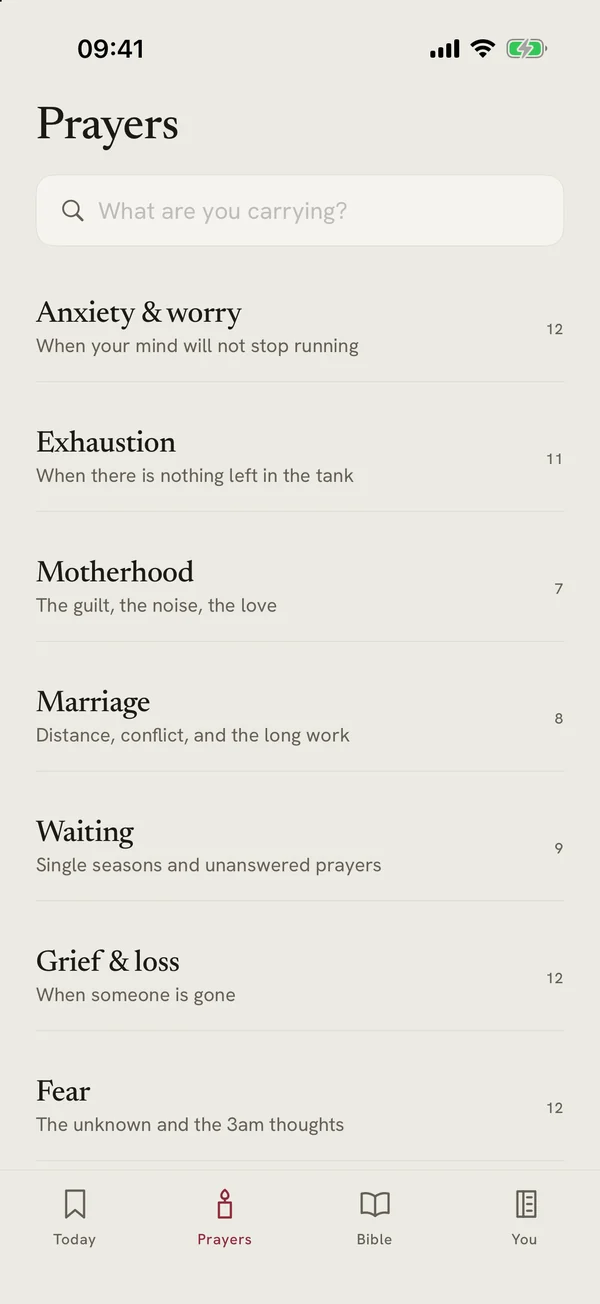 The prayer library: Anxiety & worry, Exhaustion, Motherhood, Marriage, Waiting, Grief & loss and Fear, each with a line on what it covers and how many prayers it holds.