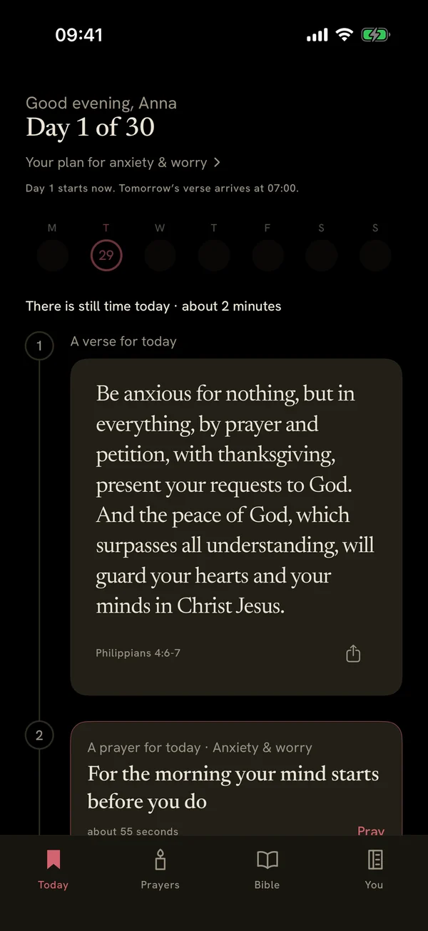 The Today screen in dark mode, with warm off-white text on a near-black ground.
