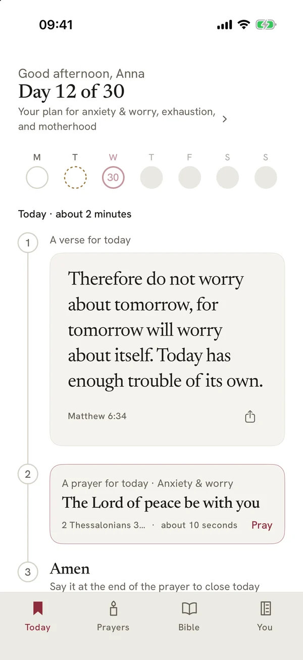 Upheld’s Today screen on day 12 of 30: “Your plan for anxiety & worry, exhaustion, and motherhood”, Matthew 6:34 as the verse for today and a prayer on anxiety titled The Lord of peace be with you.
